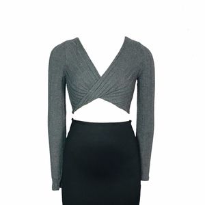 LF RUMOR Boutique Charcoal Long Sleeved Crop Top